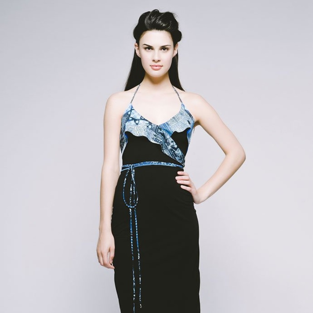 Black long halter dress in women